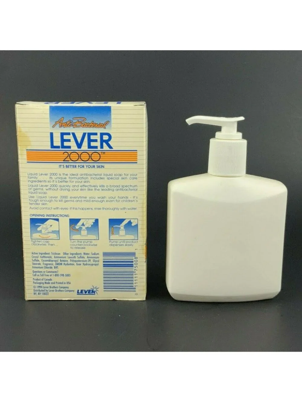 Anti-Bacterial Lever 2000 Liquid Soap 7 Fl Oz Pump Bottle 1994 Vintage